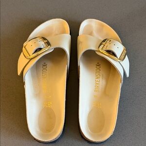 Birkenstock Cream Single Strap Sandals with Gold Buckles